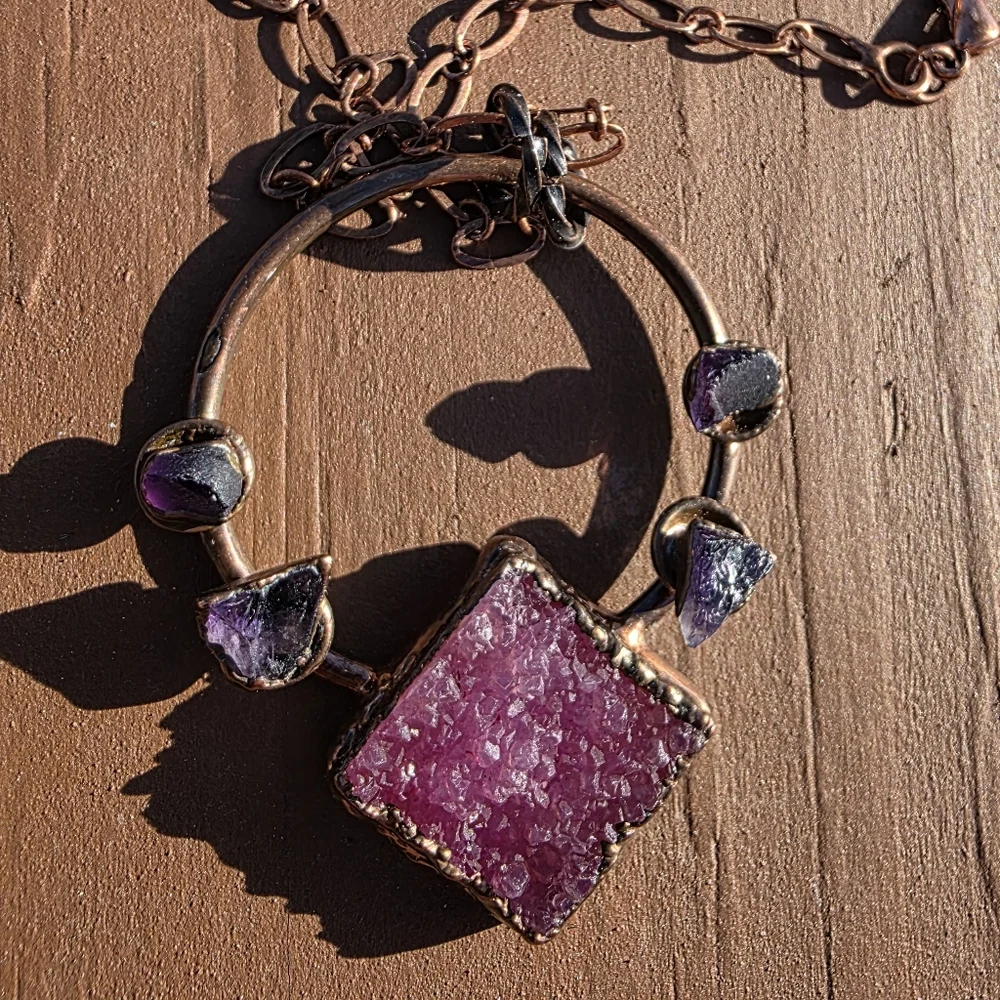 Beautiful Multi-Color Druzy Pendant & Earring Set in Copper